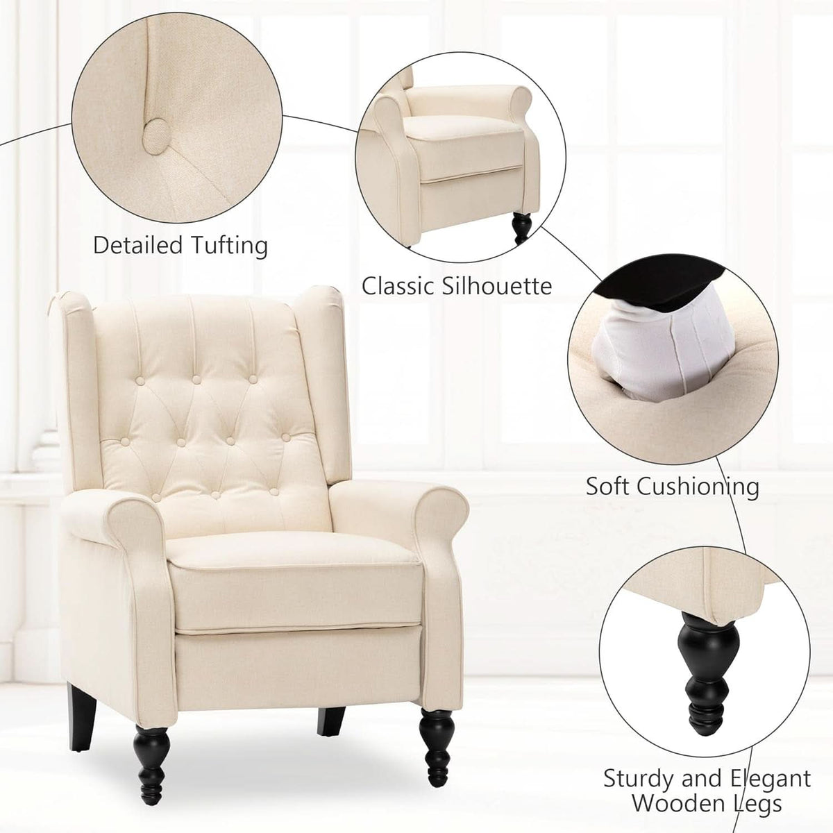 Beige Mid Century Wingback Recliner Chair With Upholstered Fabric