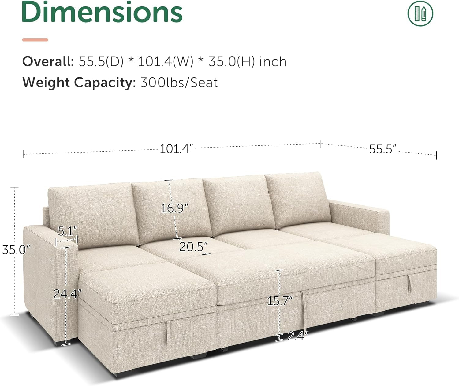 Beige Modular Sleeper Sectional With Storage Ottoman