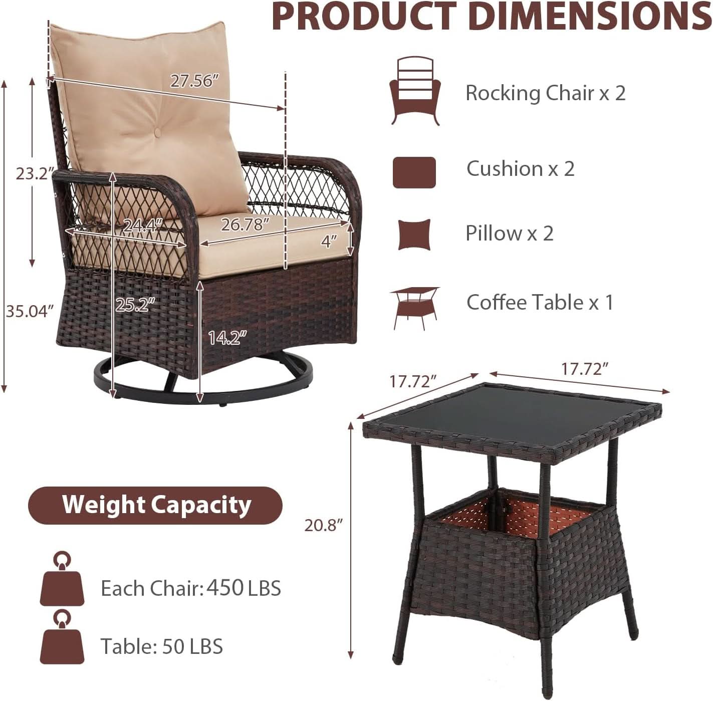 Beige Outdoor 3 Piece Patio Set With Swivel Rocker Chairs And Glass Table For Balcony Deck Garden