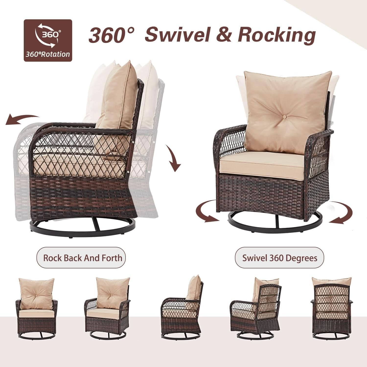 Beige Outdoor 3 Piece Patio Set With Swivel Rocker Chairs And Glass Table For Balcony Deck Garden