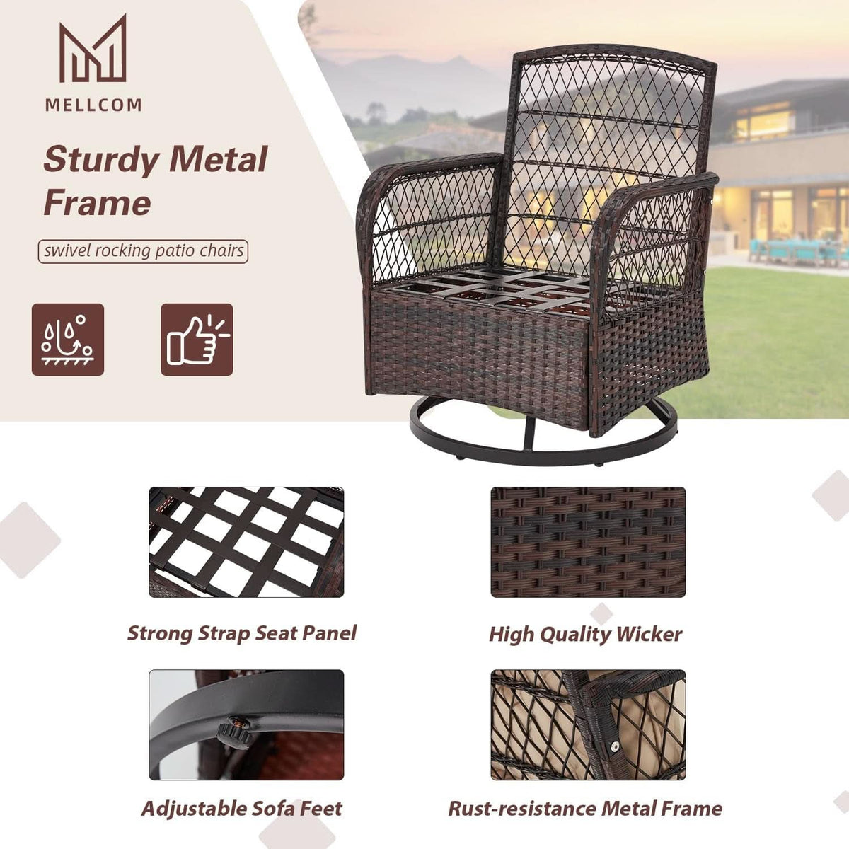 Beige Outdoor 3 Piece Patio Set With Swivel Rocker Chairs And Glass Table For Balcony Deck Garden