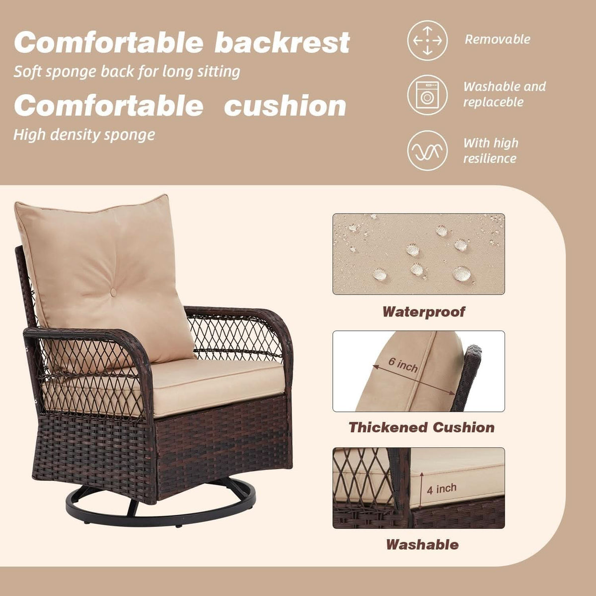 Beige Outdoor 3 Piece Patio Set With Swivel Rocker Chairs And Glass Table For Balcony Deck Garden