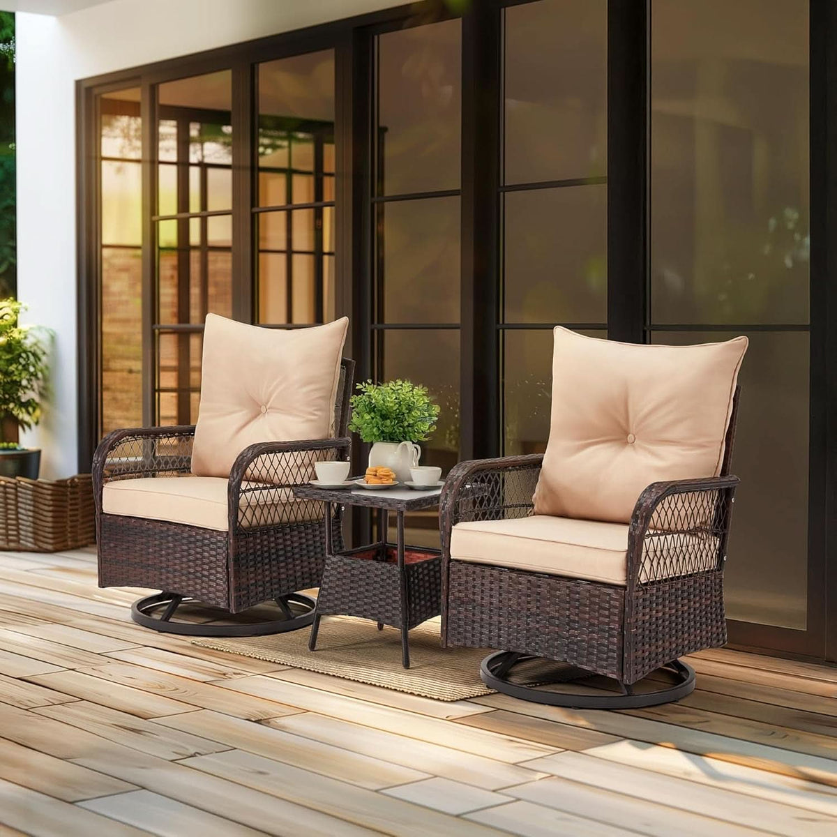 Beige Outdoor 3 Piece Patio Set With Swivel Rocker Chairs And Glass Table For Balcony Deck Garden