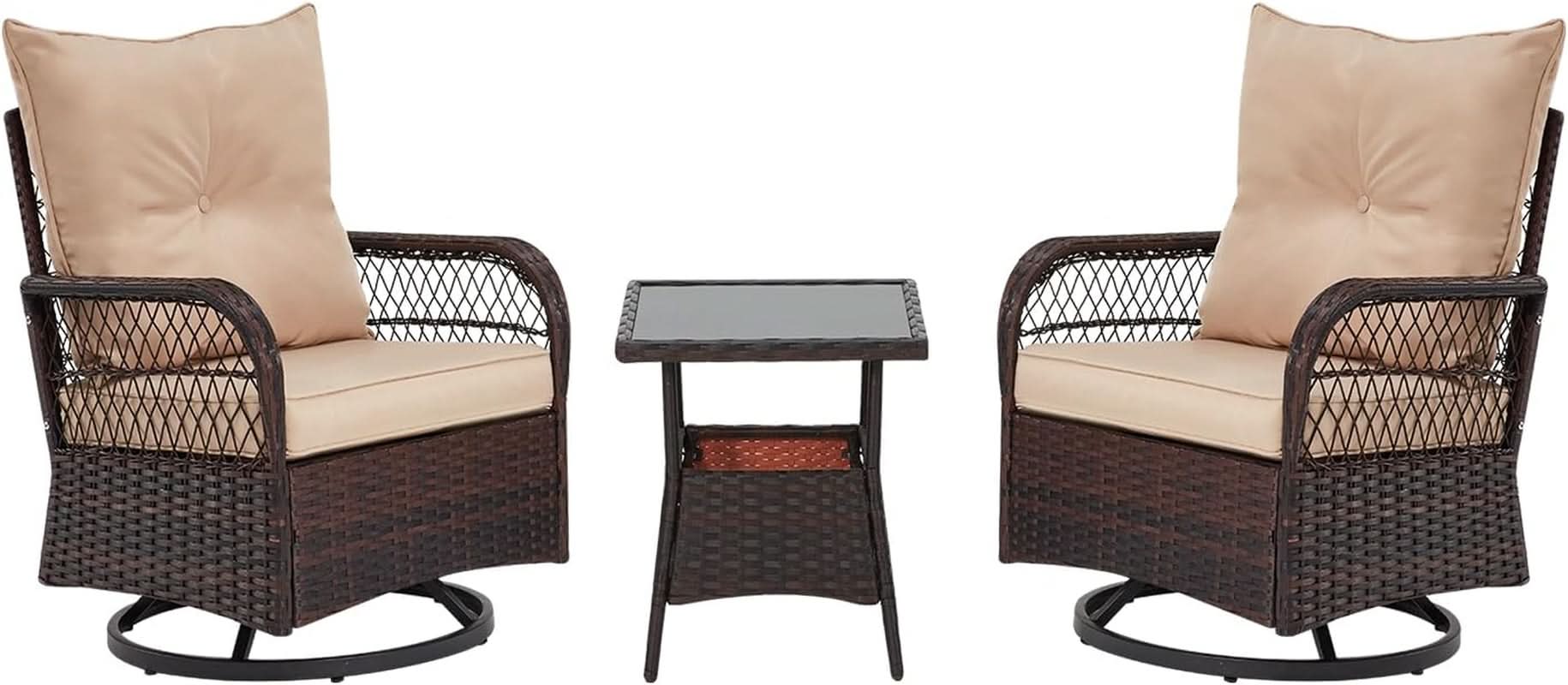 Beige Outdoor 3 Piece Patio Set With Swivel Rocker Chairs And Glass Table For Balcony Deck Garden
