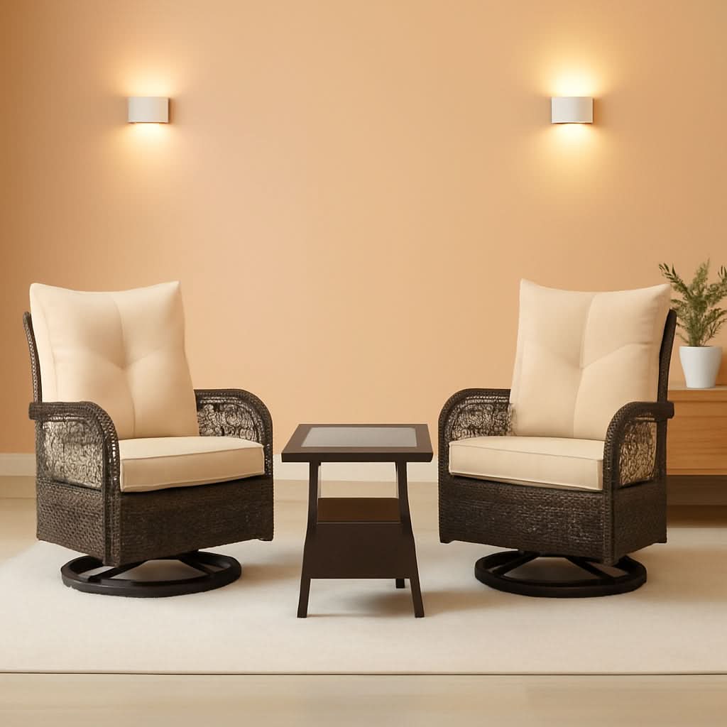 Beige Outdoor 3 Piece Patio Set With Swivel Rocker Chairs And Glass Table For Balcony Deck Garden