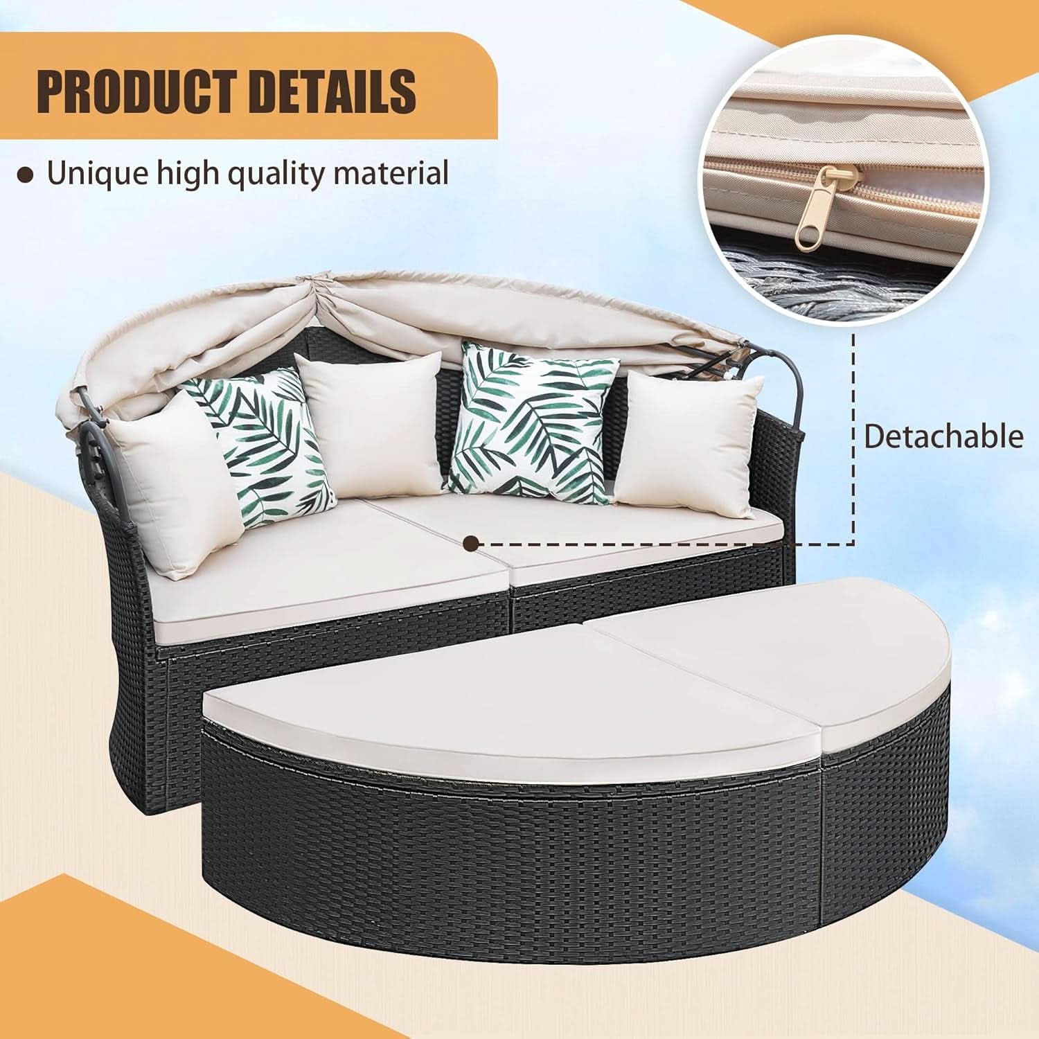 Beige Outdoor Daybed With Retractable Canopy And Comfort