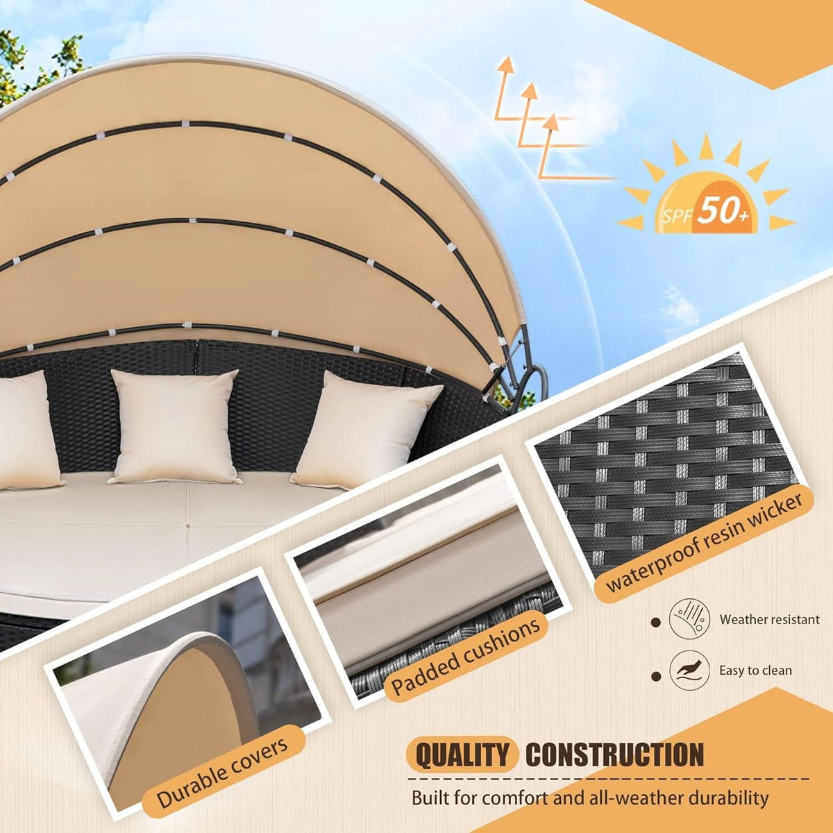 Beige Outdoor Daybed With Retractable Canopy And Comfort