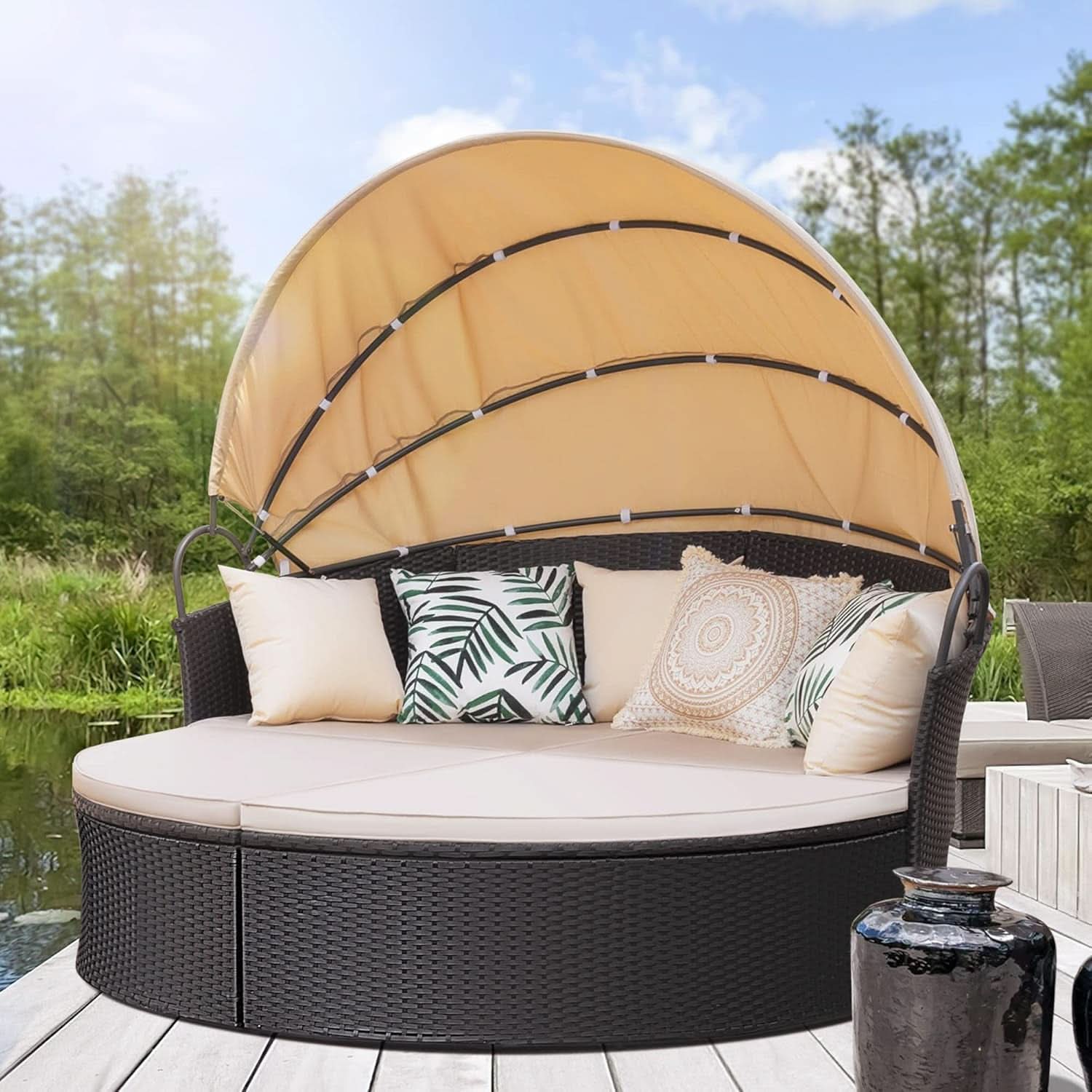 Beige Outdoor Daybed With Retractable Canopy And Comfort