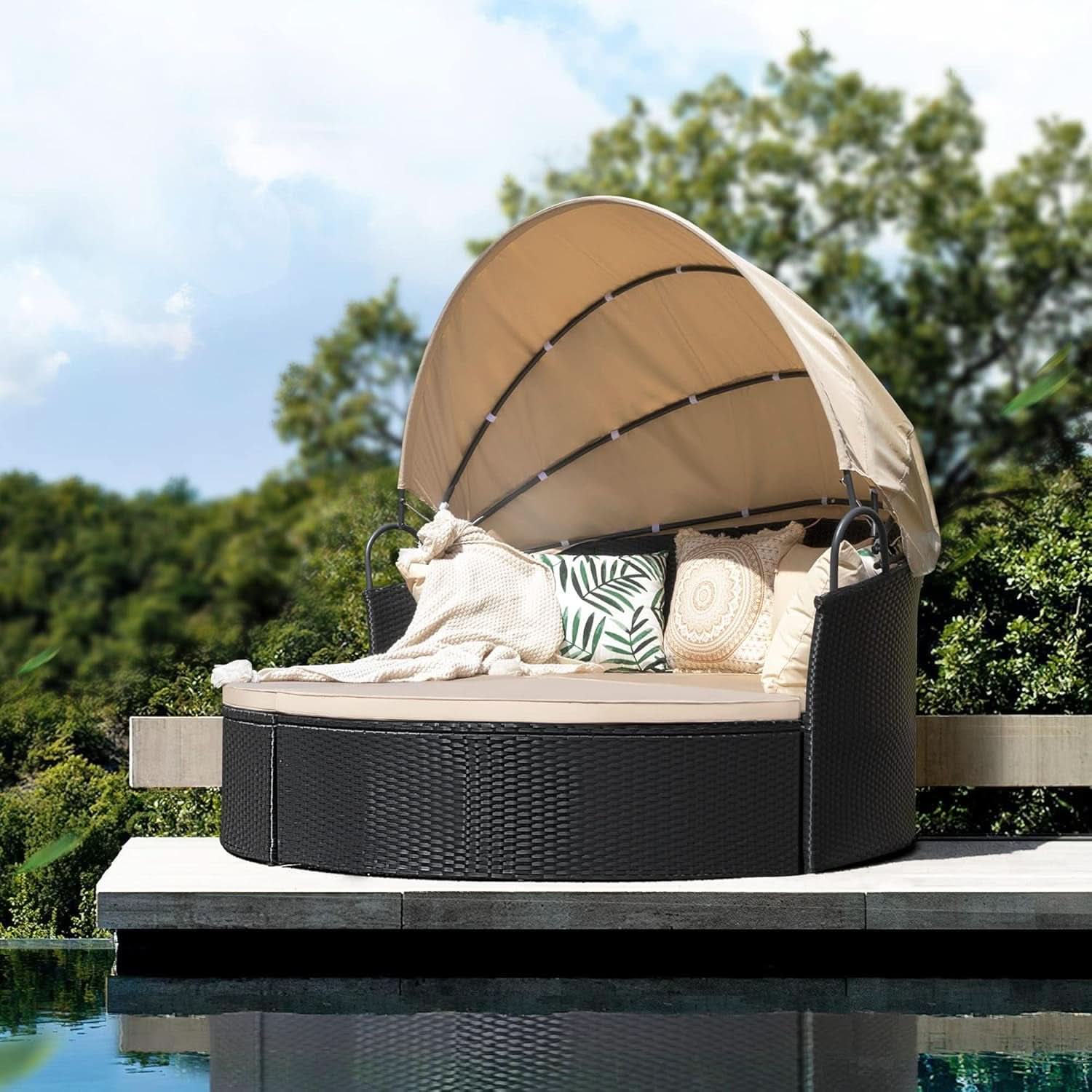 Beige Outdoor Daybed With Retractable Canopy And Comfort