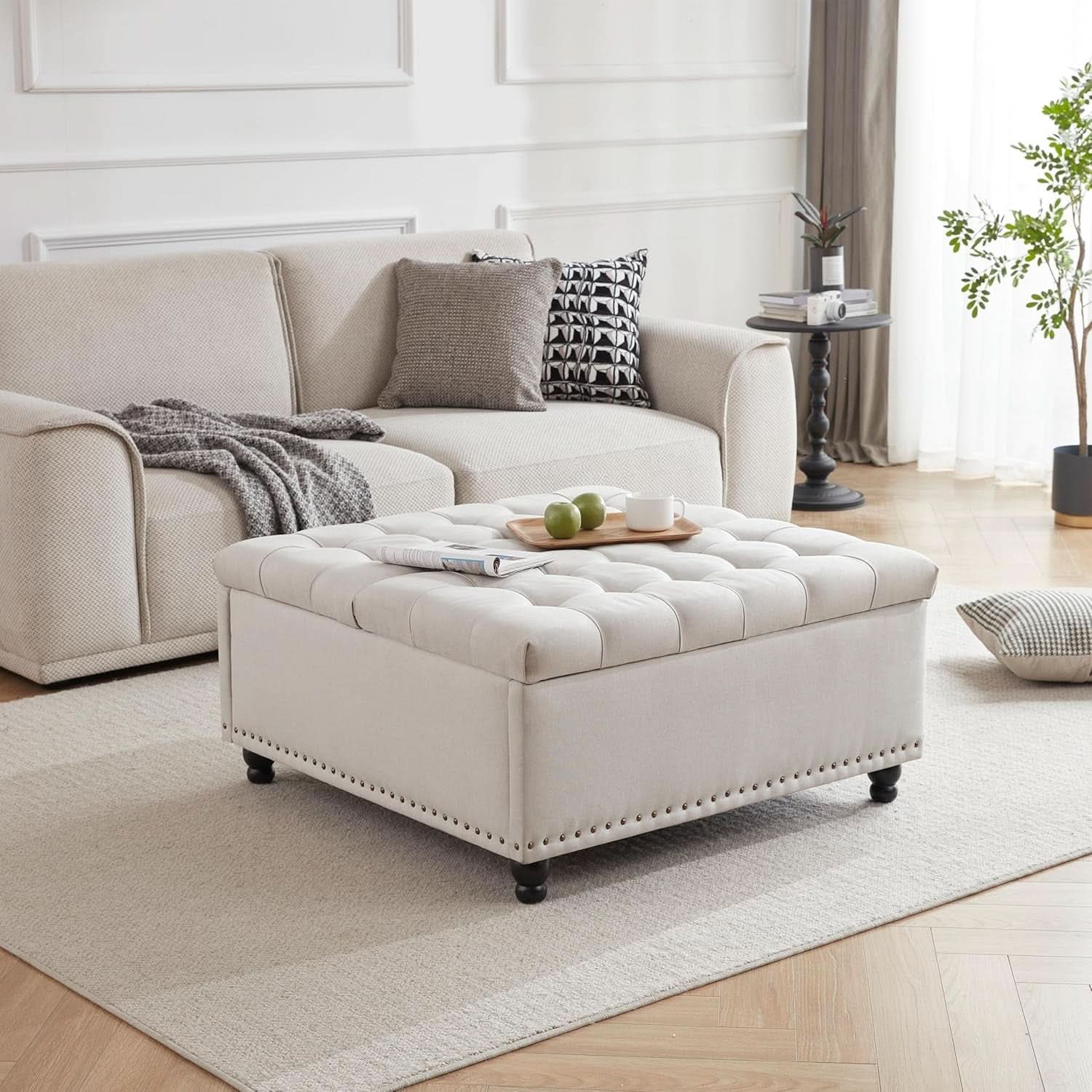 Beige Oversized Storage Ottoman Featuring Lift Top