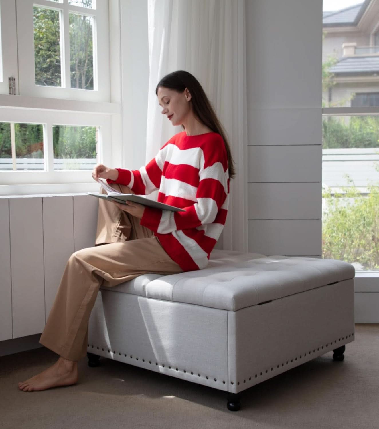 Beige Oversized Storage Ottoman Featuring Lift Top