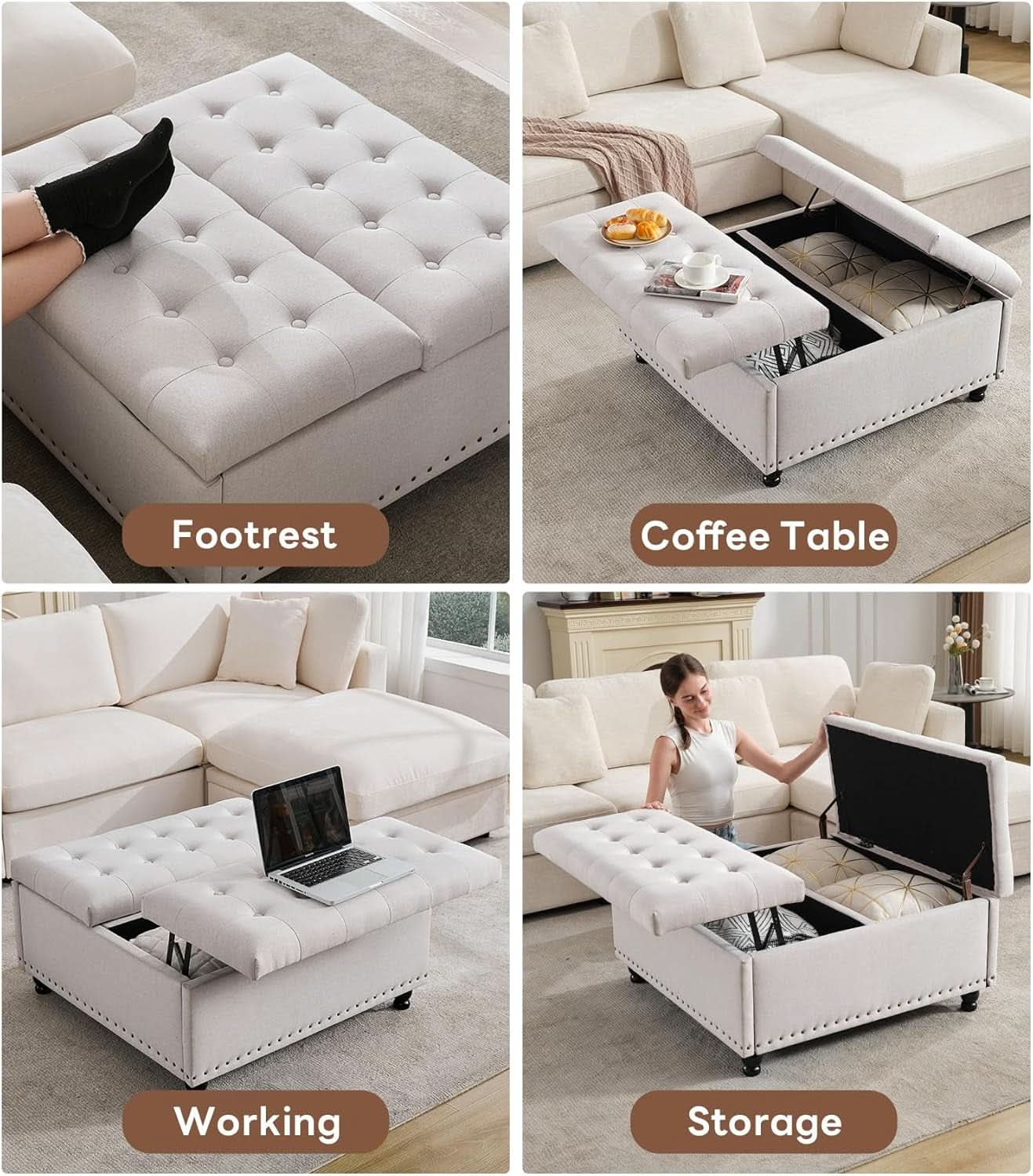 Beige Oversized Storage Ottoman Featuring Lift Top