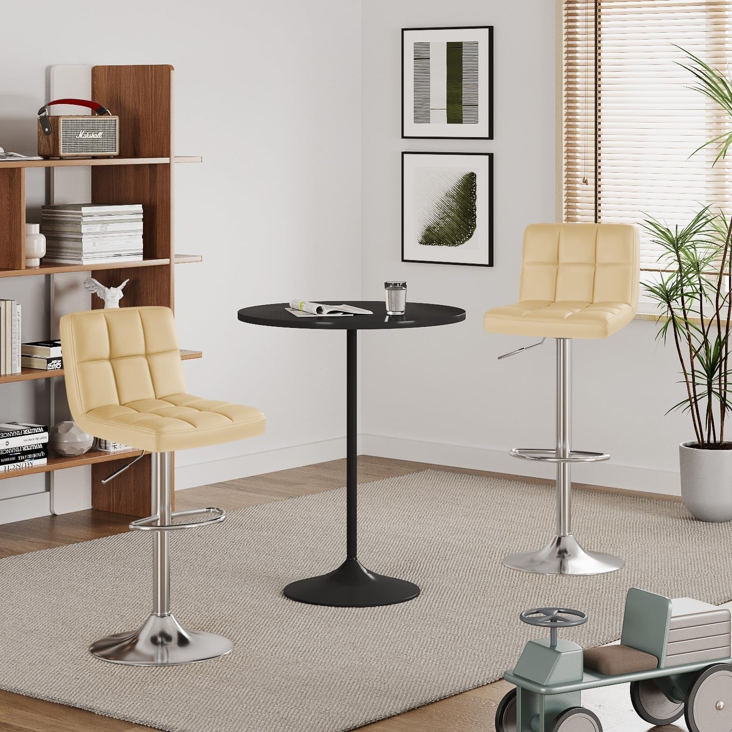 Beige PU Leather Bar Stools Set Of 2 Swivel Adjustable