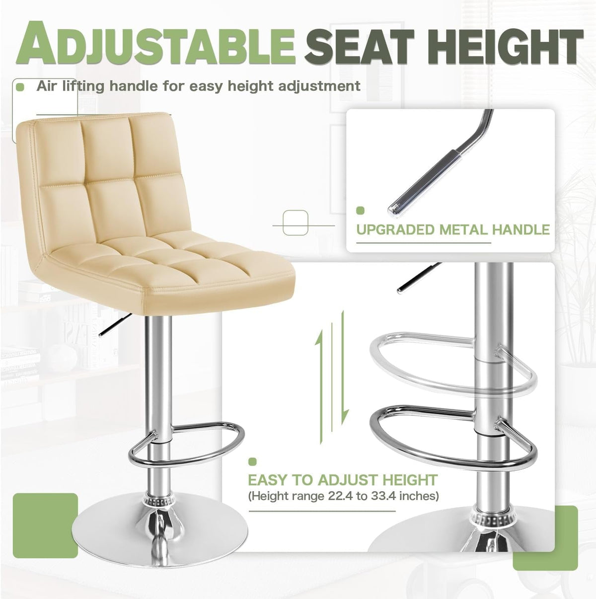 Beige PU Leather Bar Stools Set Of 2 Swivel Adjustable