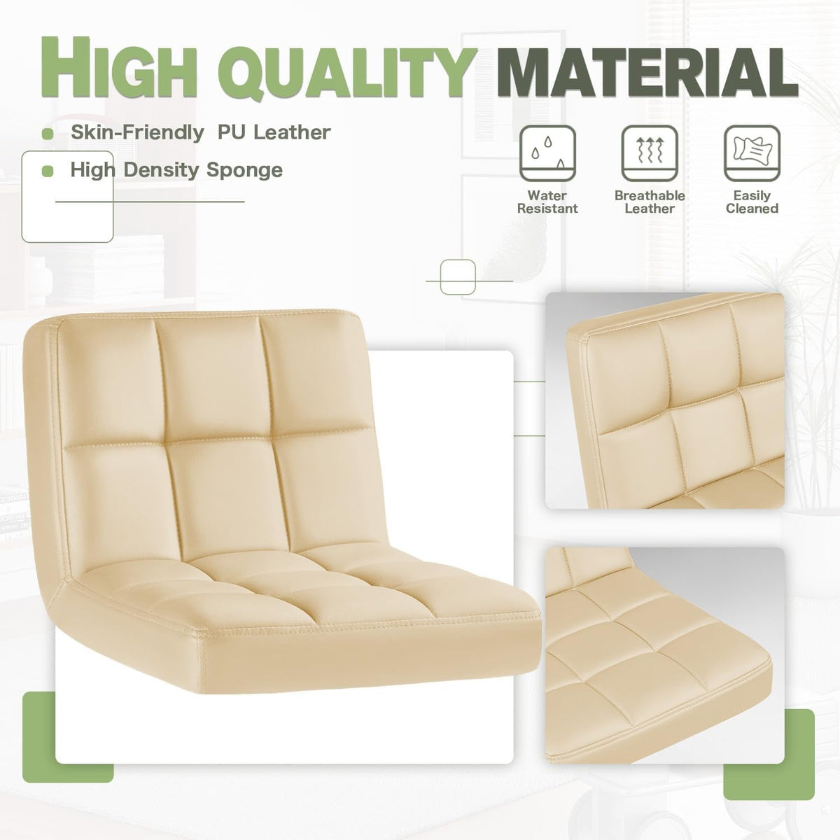 Beige PU Leather Bar Stools Set Of 2 Swivel Adjustable