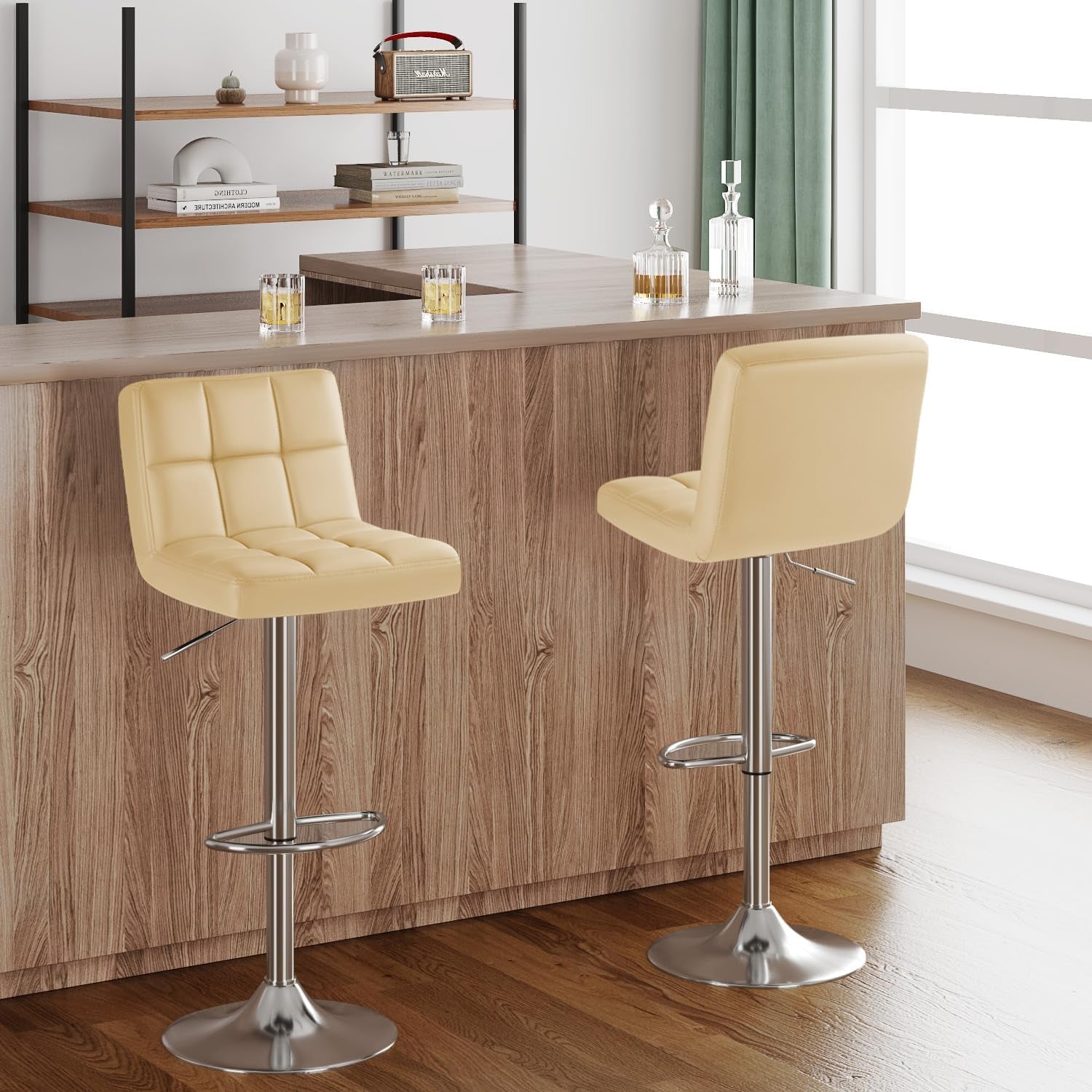 Beige PU Leather Bar Stools Set Of 2 Swivel Adjustable