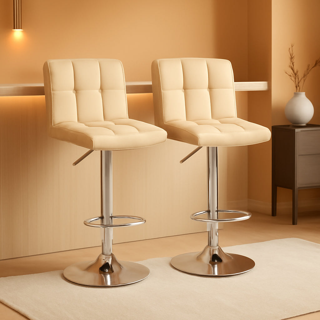 Beige PU Leather Bar Stools Set Of 2 Swivel Adjustable