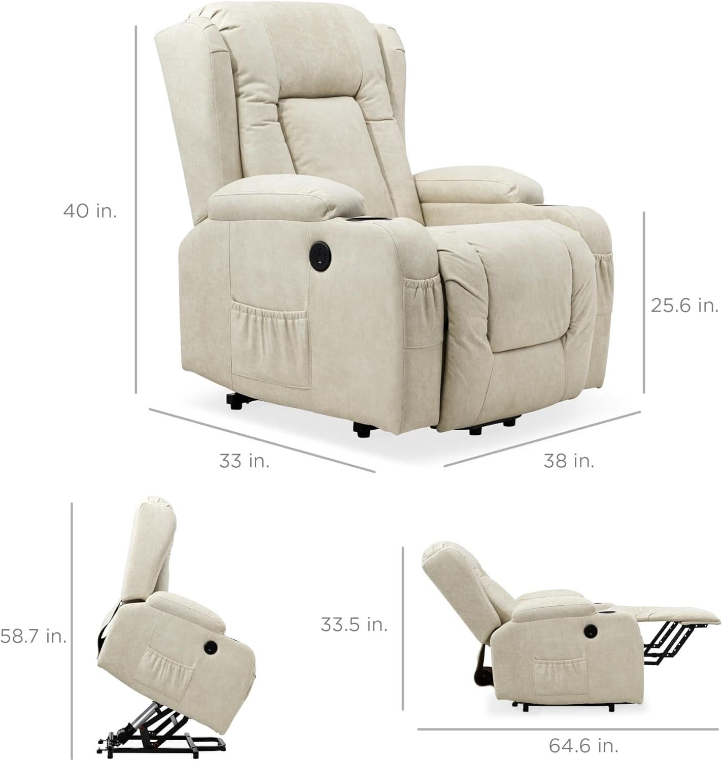 Beige PU Leather Power Lift Recliner With Massage And Heat