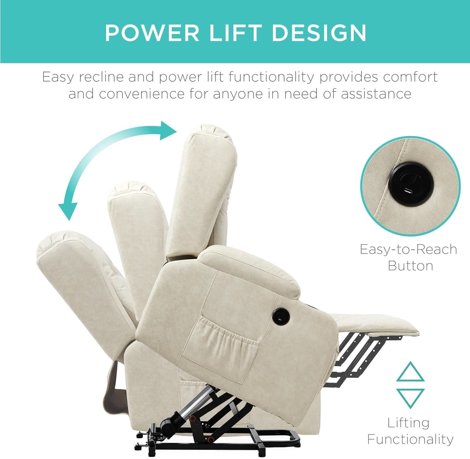 Beige PU Leather Power Lift Recliner With Massage And Heat