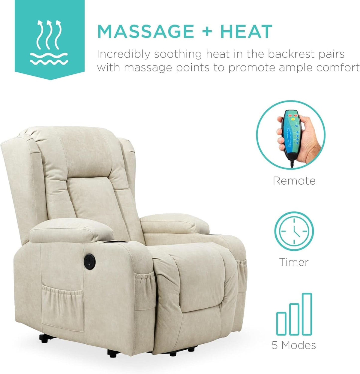 Beige PU Leather Power Lift Recliner With Massage And Heat
