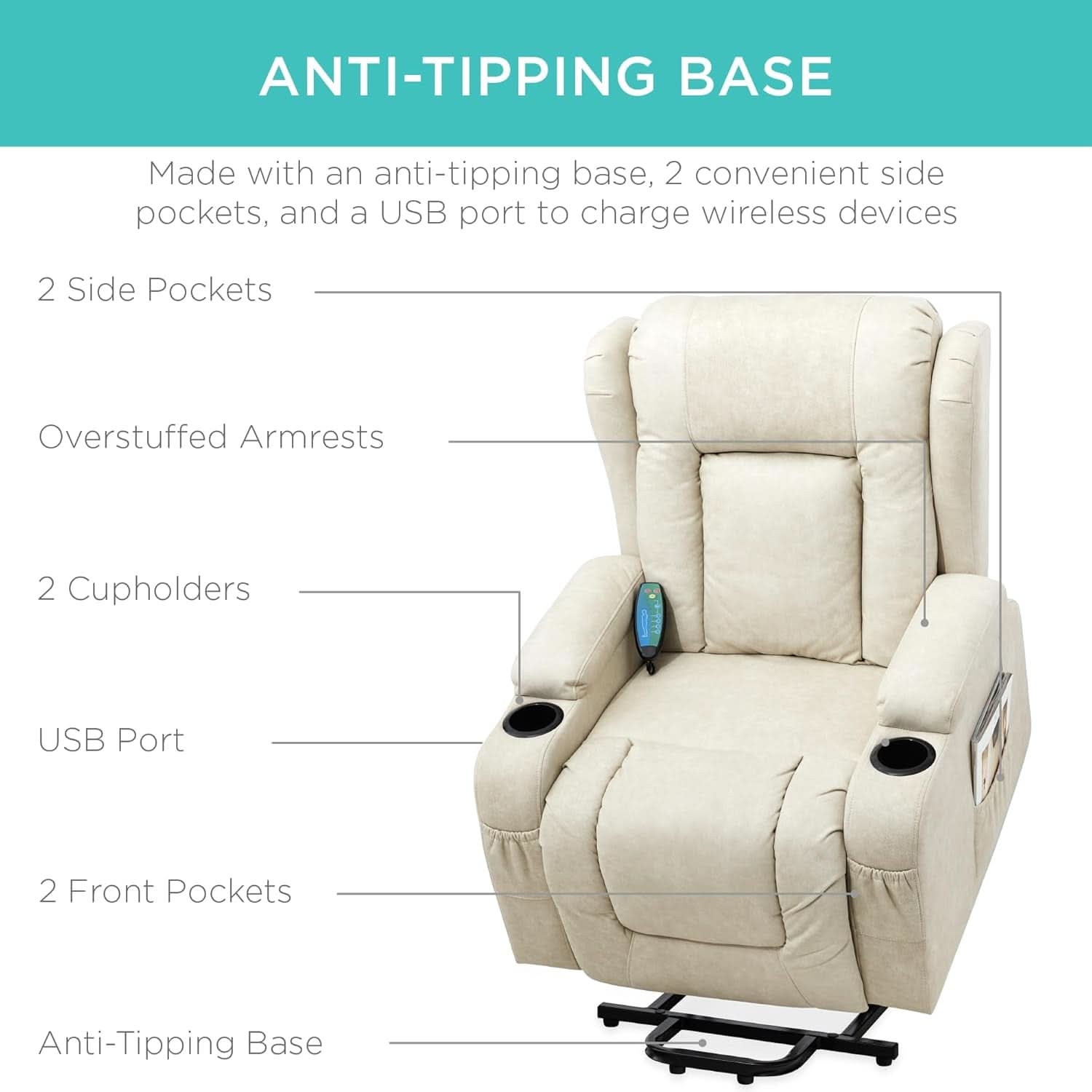Beige PU Leather Power Lift Recliner With Massage And Heat