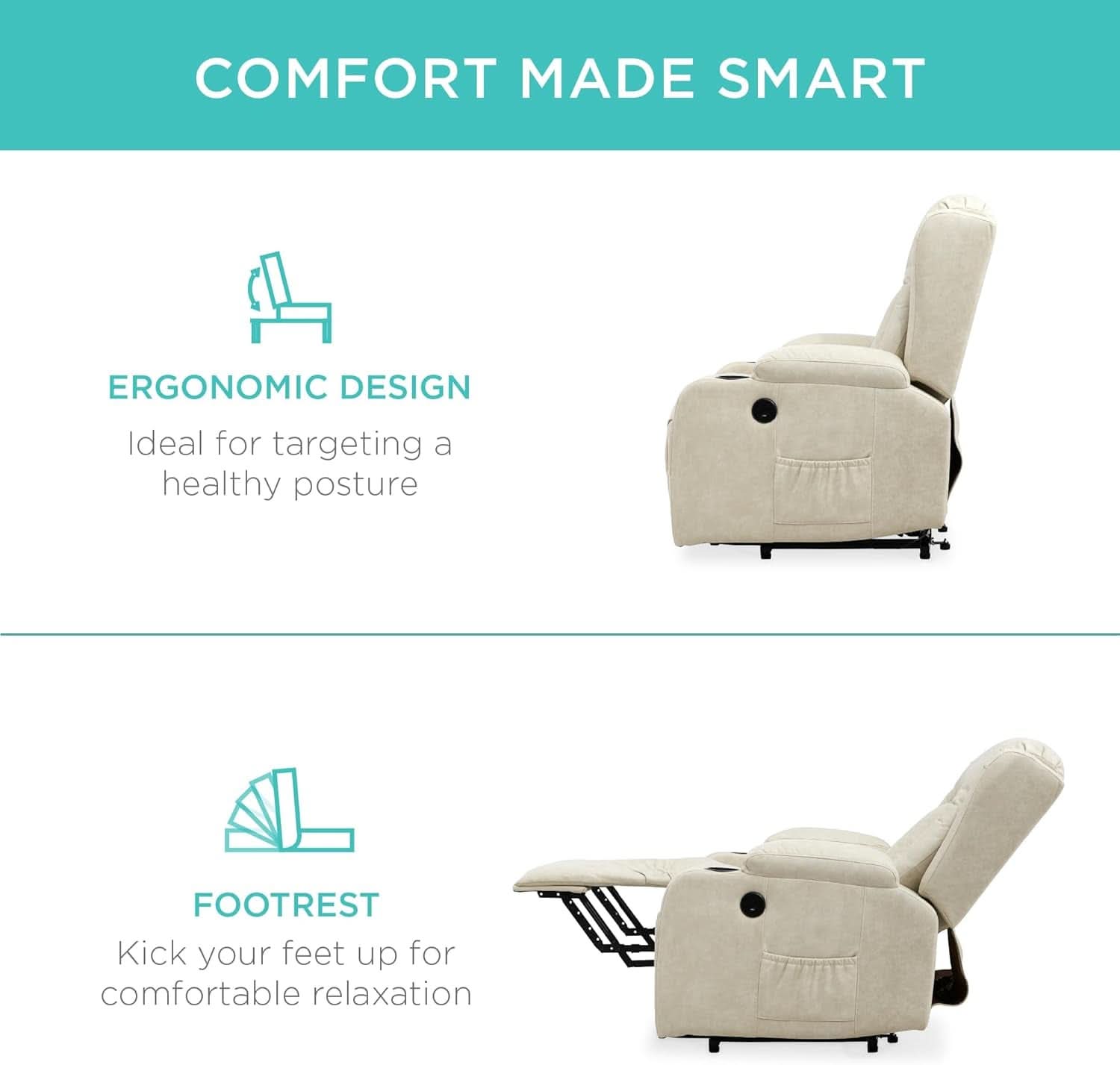 Beige PU Leather Power Lift Recliner With Massage And Heat