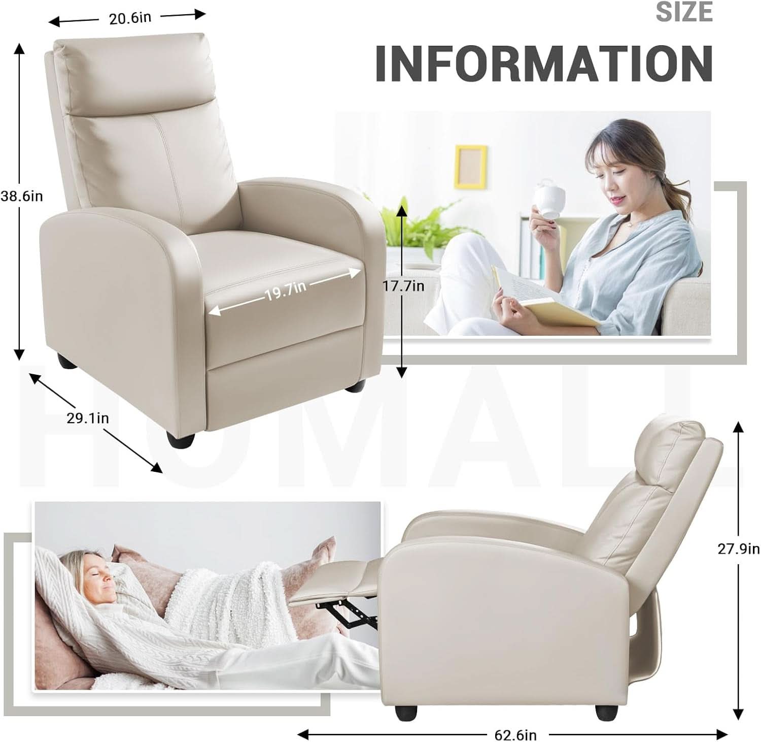 Beige PU Leather Recliner Chair With Lumbar Support And Adjustable Recline