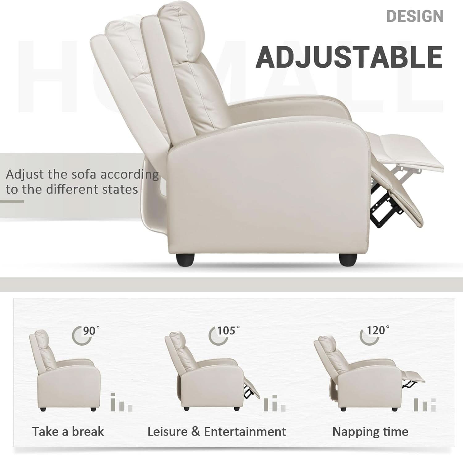 Beige PU Leather Recliner Chair With Lumbar Support And Adjustable Recline