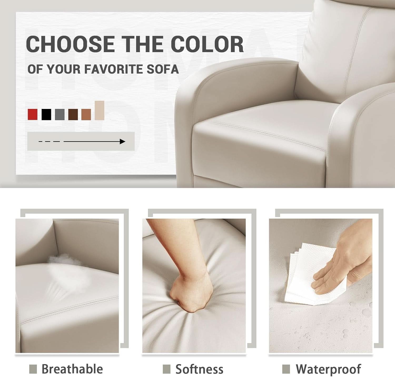 Beige PU Leather Recliner Chair With Lumbar Support And Adjustable Recline