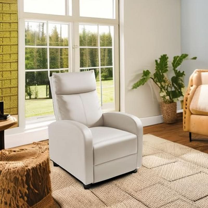Beige PU Leather Recliner Chair With Lumbar Support And Adjustable Recline
