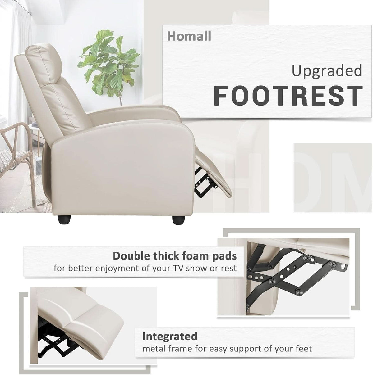 Beige PU Leather Recliner Chair With Lumbar Support And Adjustable Recline