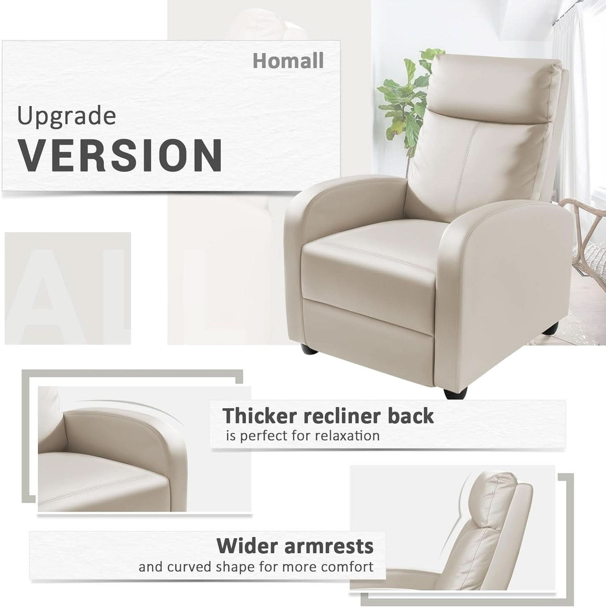 Beige PU Leather Recliner Chair With Lumbar Support And Adjustable Recline