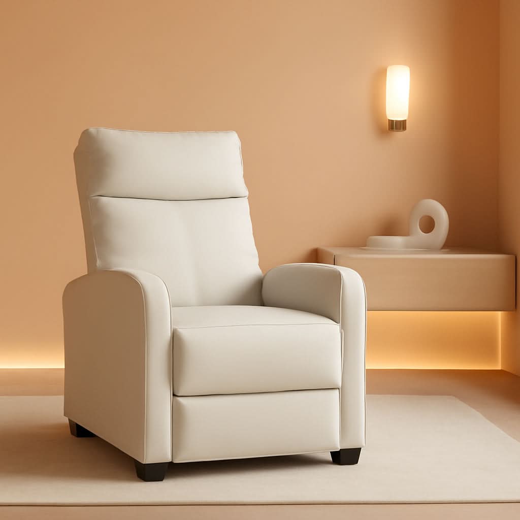 Beige PU Leather Recliner Chair With Lumbar Support And Adjustable Recline