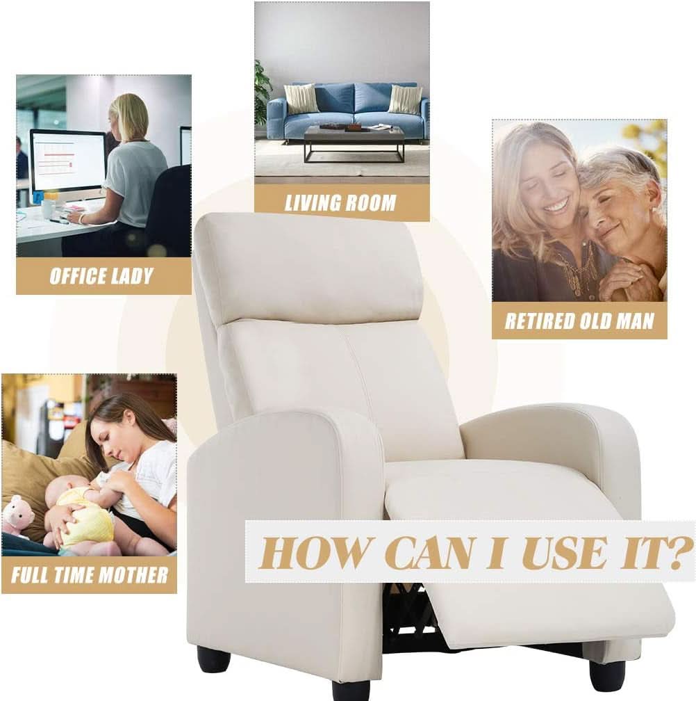 Beige PU Leather Recliner Chair With Padded Seat Back