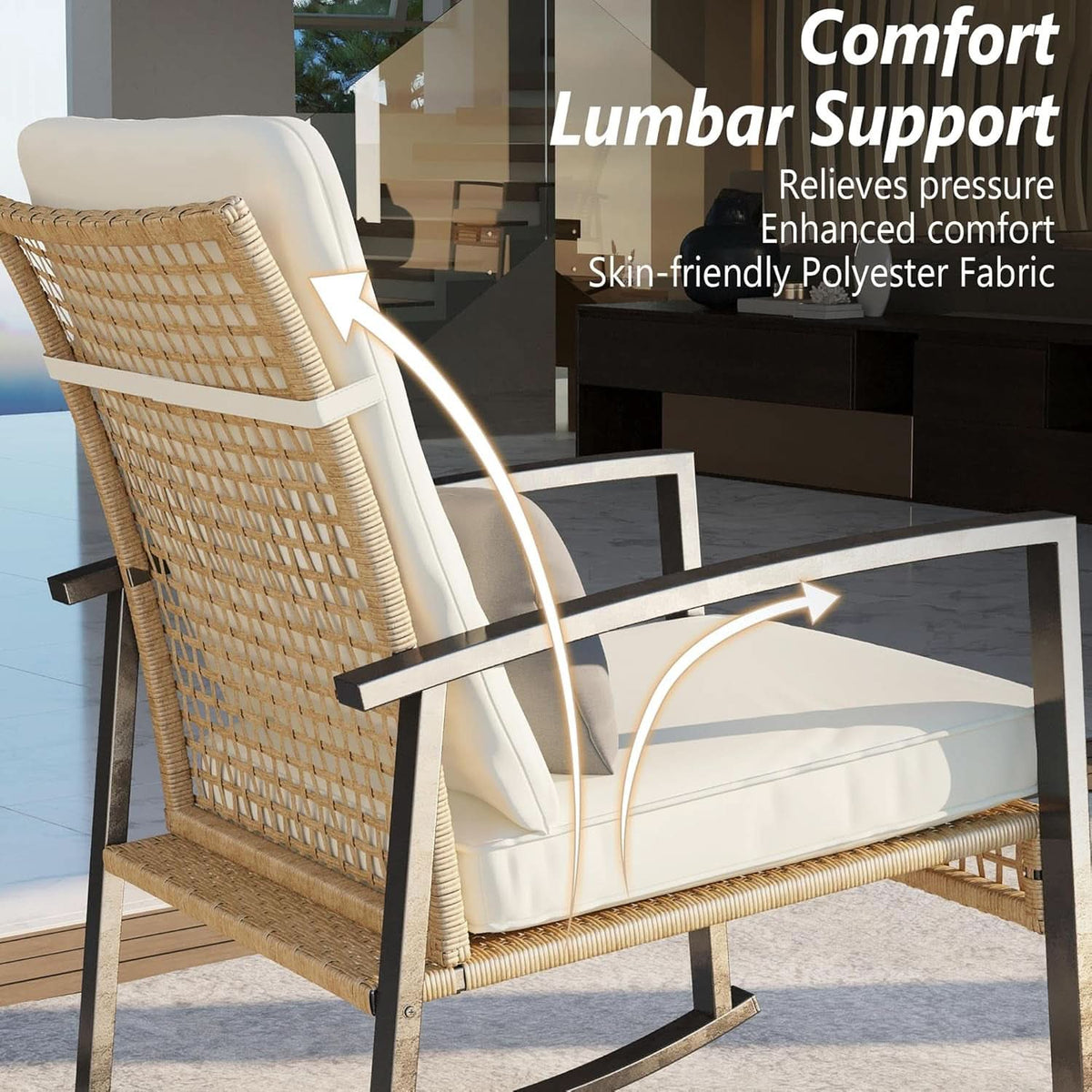 Beige Patio Rocking Chairs Set With Glass Coffee Table