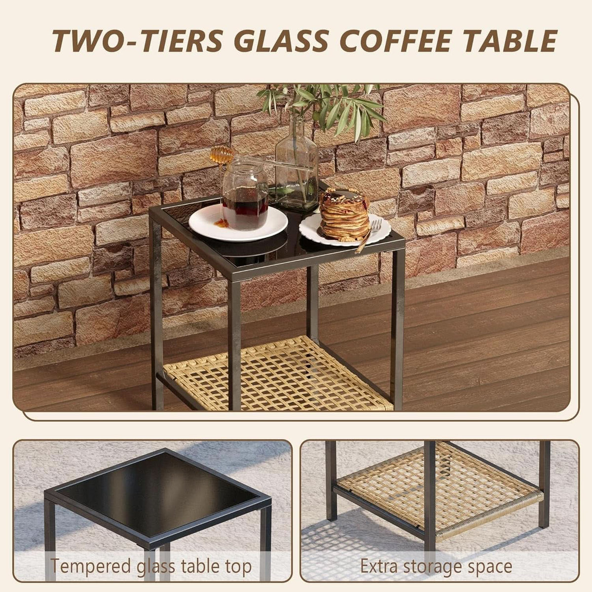 Beige Patio Rocking Chairs Set With Glass Coffee Table