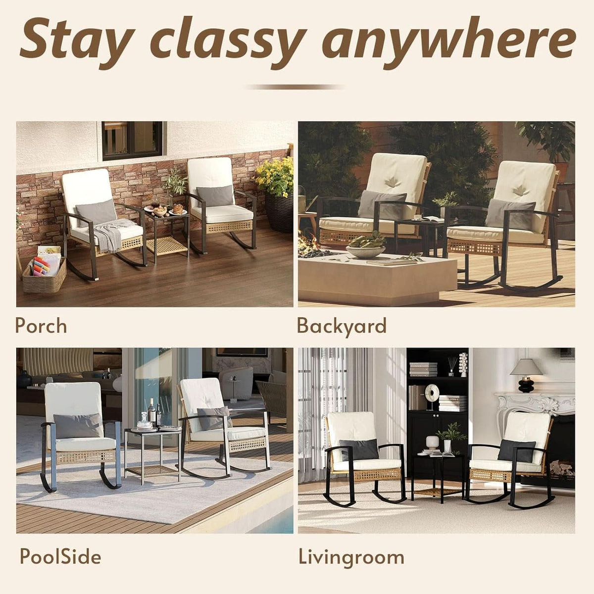 Beige Patio Rocking Chairs Set With Glass Coffee Table
