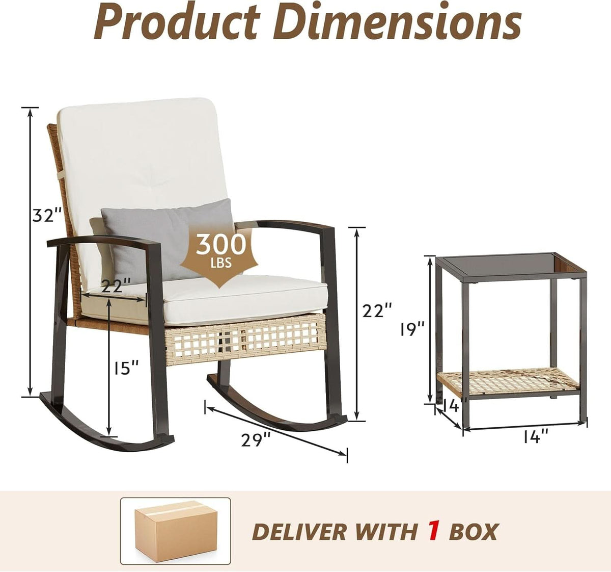 Beige Patio Rocking Chairs Set With Glass Coffee Table