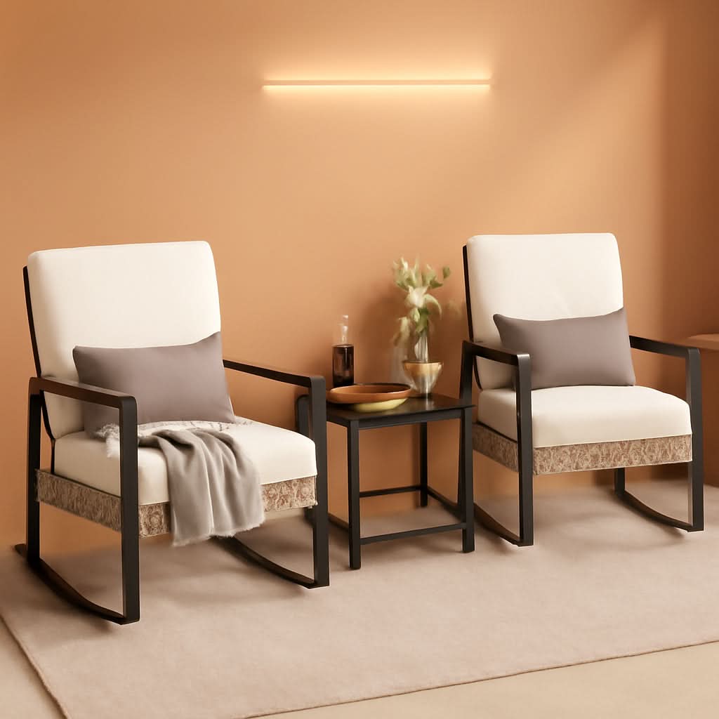 Beige Patio Rocking Chairs Set With Glass Coffee Table