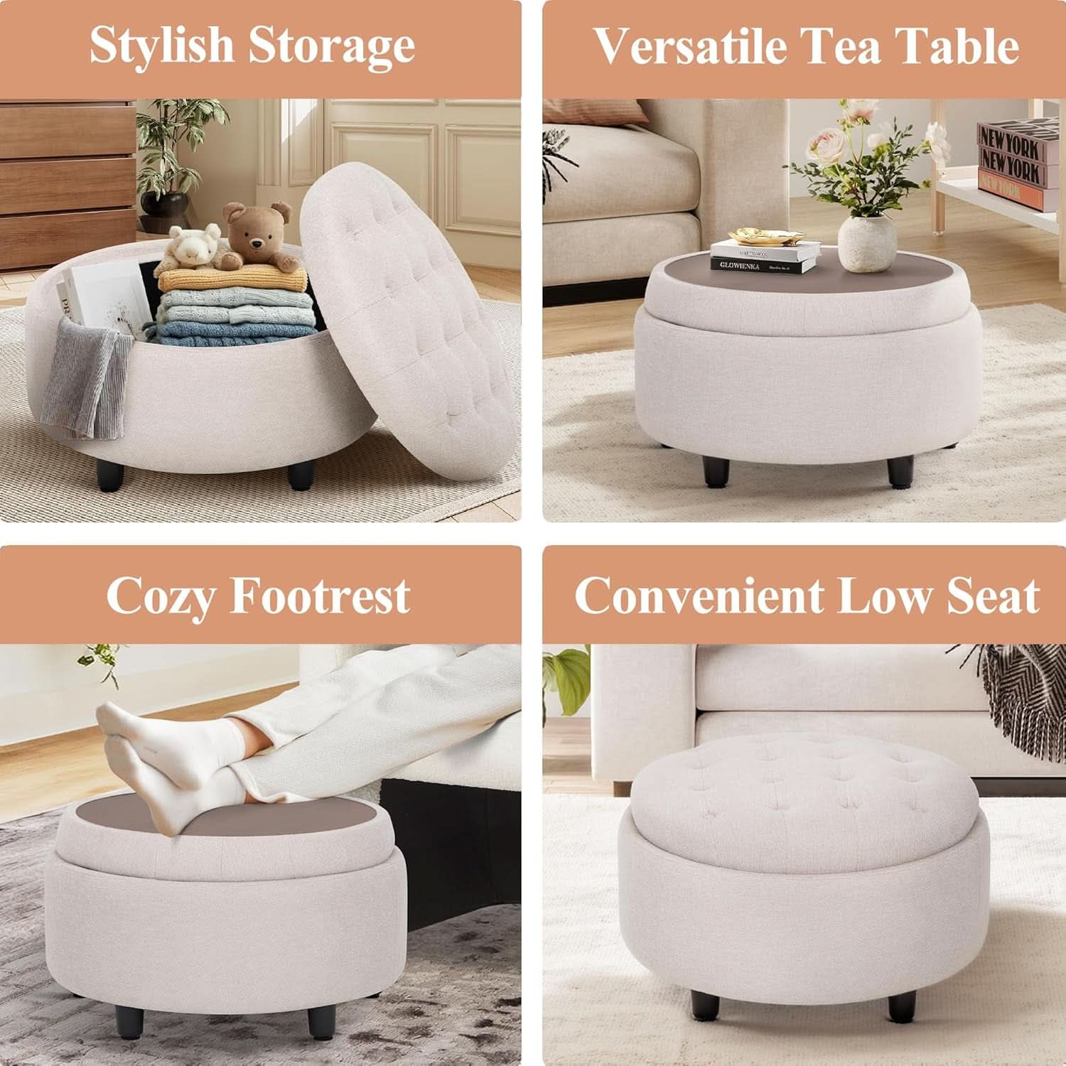 Beige Polyester Circular Storage Ottoman With Tray