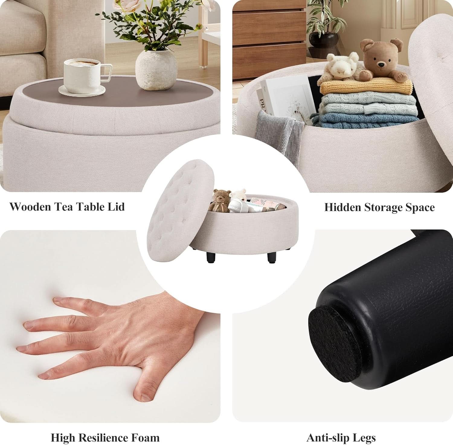 Beige Polyester Circular Storage Ottoman With Tray