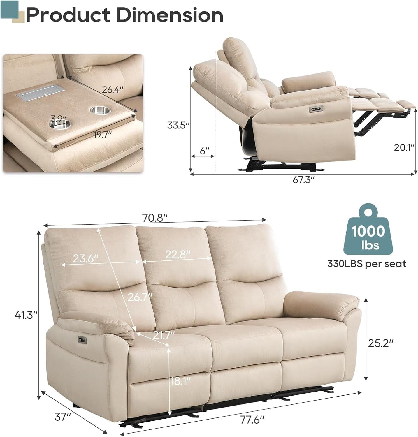Beige Power Reclining Sofa For Living Room Comfort