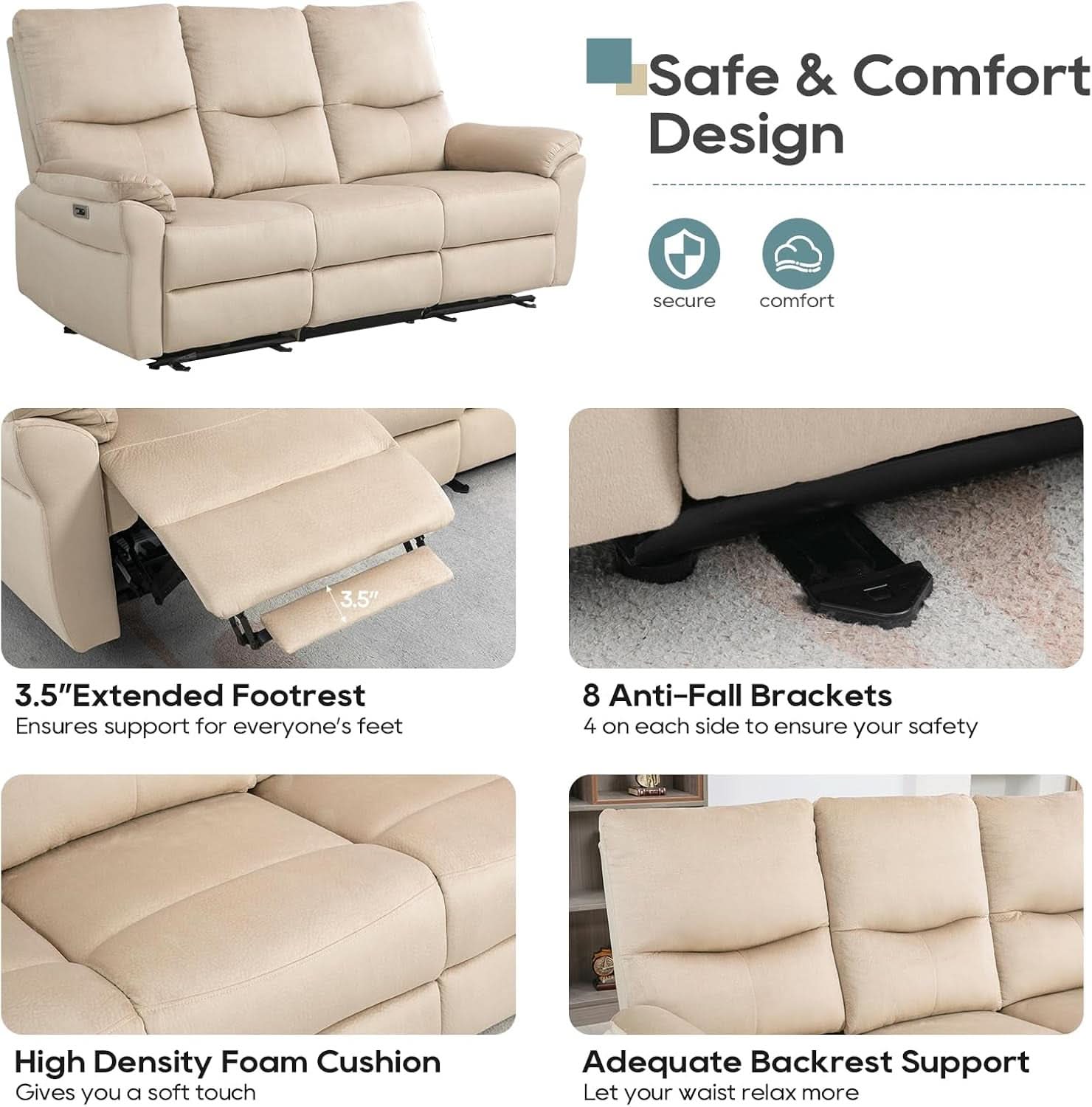 Beige Power Reclining Sofa For Living Room Comfort