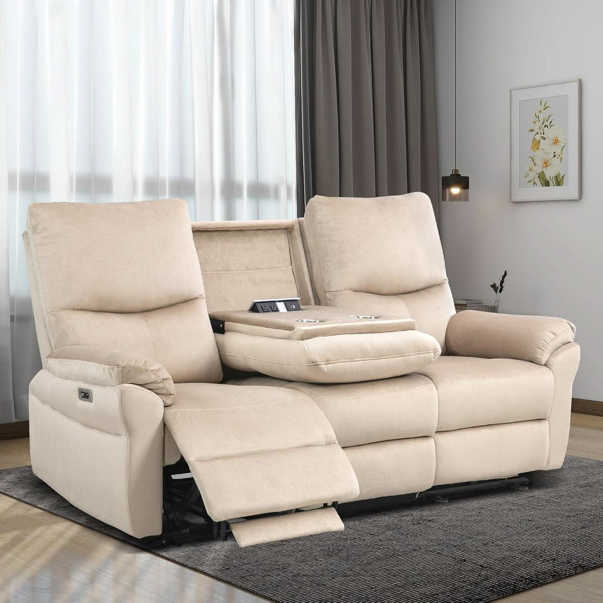 Beige Power Reclining Sofa For Living Room Comfort