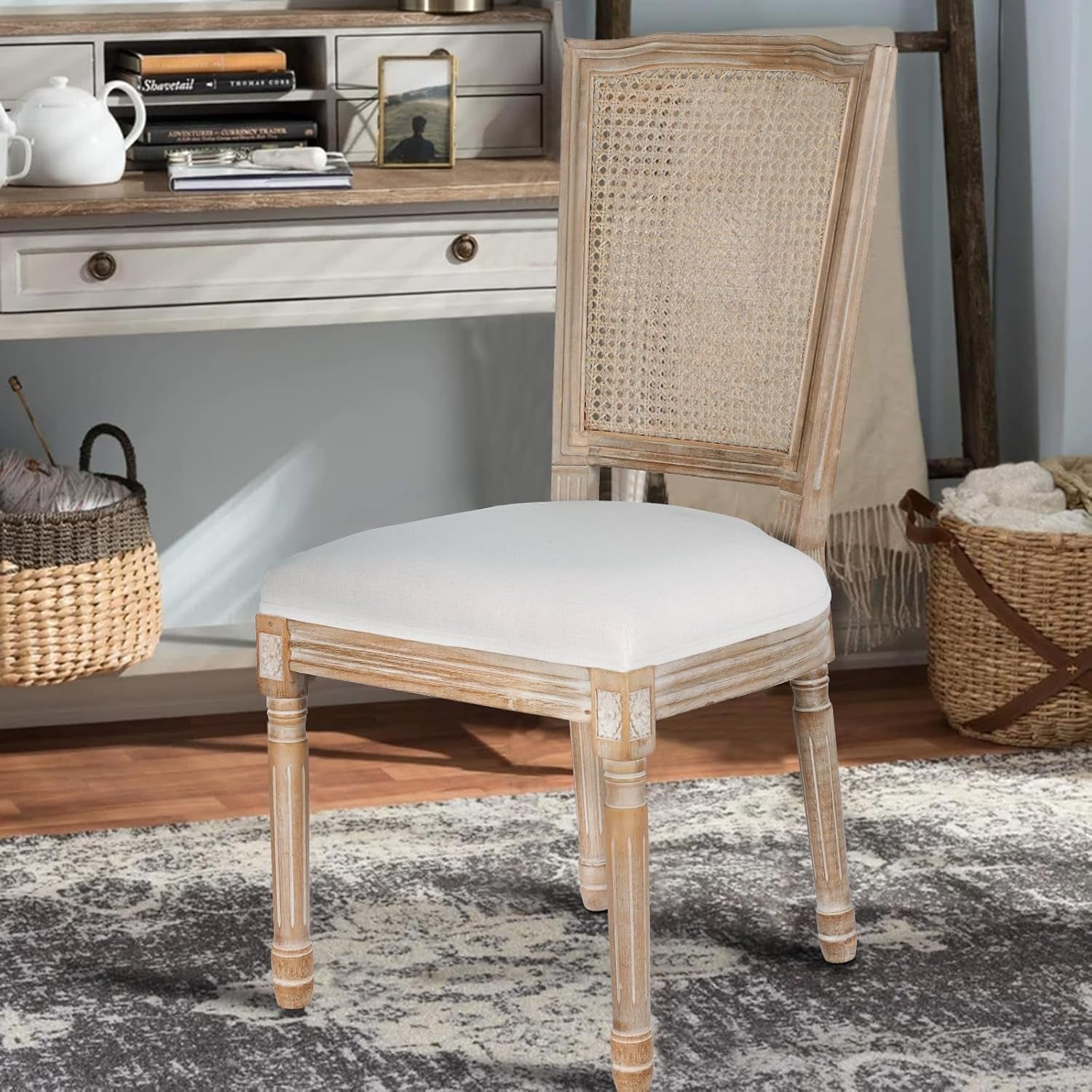 Beige Rattan Dining Chairs Set Of 2 With Solid Wood Legs