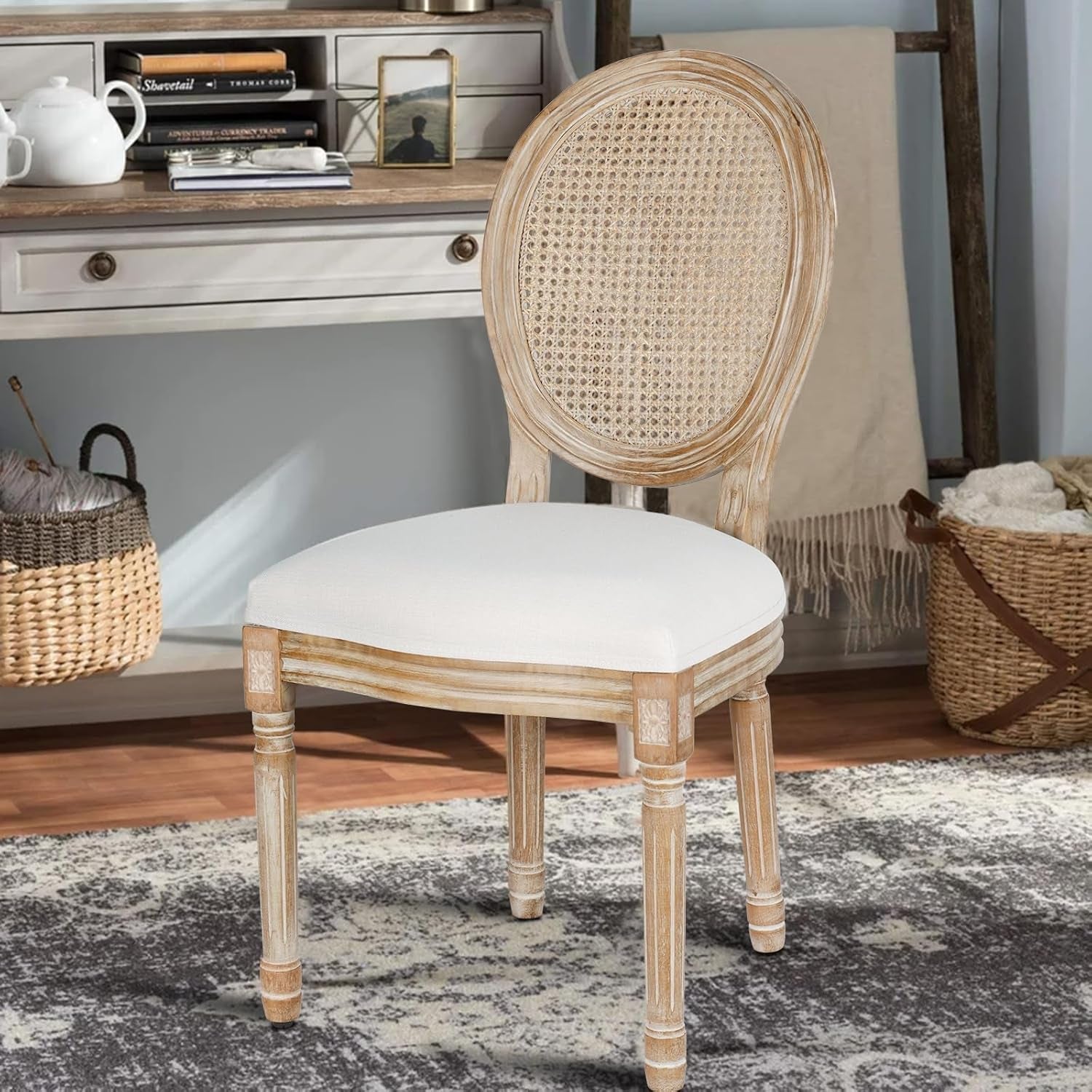 Beige Rattan Dining Chairs Set Of 2 With Solid Wood Legs