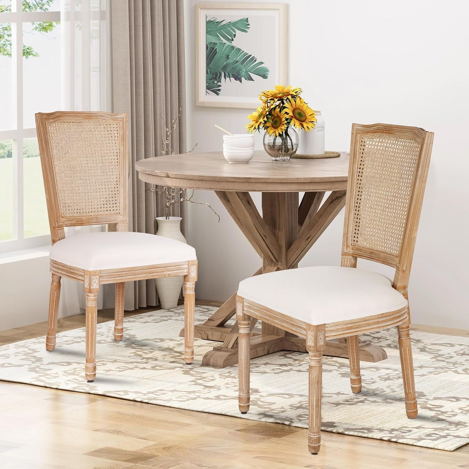 Beige Rattan Dining Chairs Set Of 2 With Solid Wood Legs