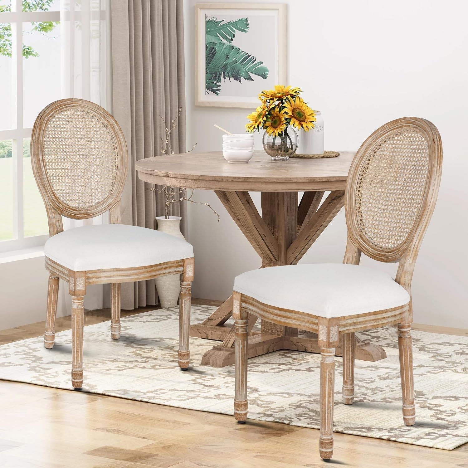 Beige Rattan Dining Chairs Set Of 2 With Solid Wood Legs