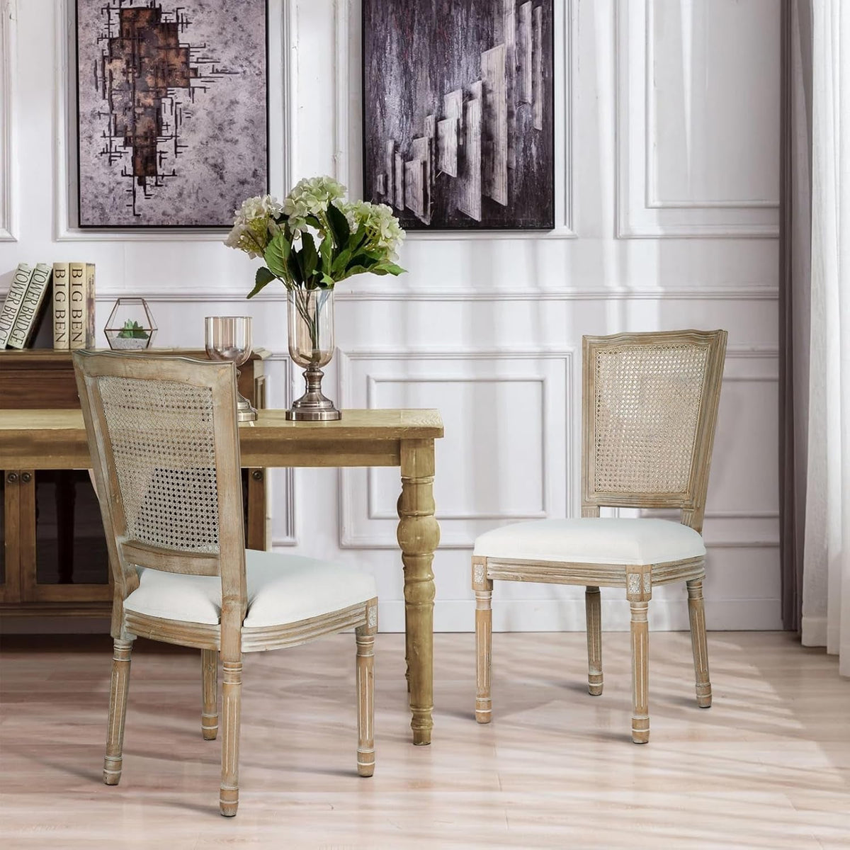 Beige Rattan Dining Chairs Set Of 2 With Solid Wood Legs