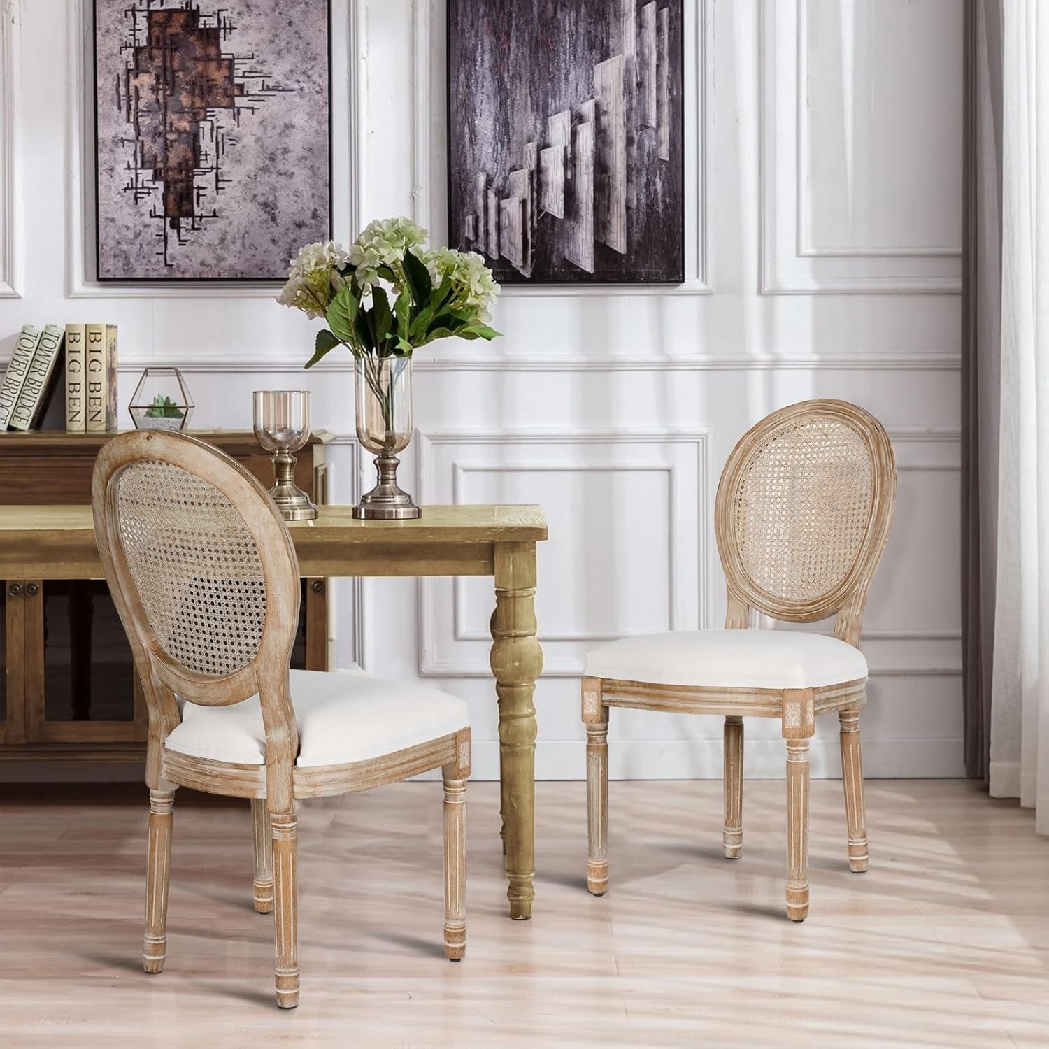Beige Rattan Dining Chairs Set Of 2 With Solid Wood Legs